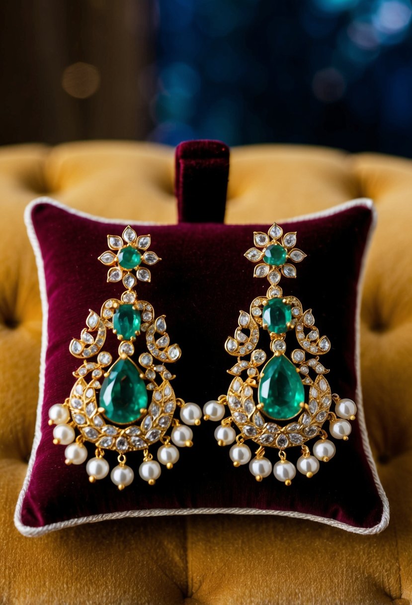 A pair of Polki earrings with emeralds, intricately designed and sparkling in the light, displayed on a velvet cushion