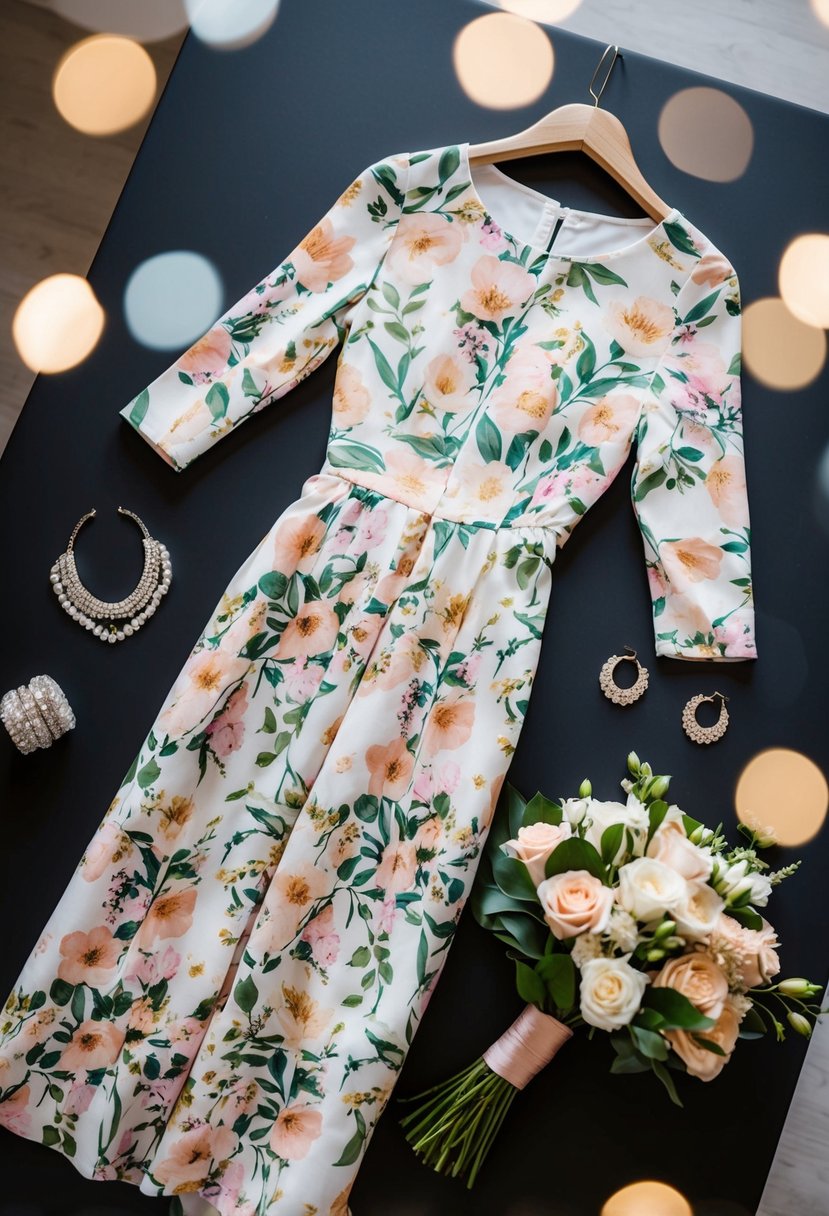 A floral midi dress with 3/4 sleeves hangs on a hanger, surrounded by elegant accessories and a bouquet of fresh flowers