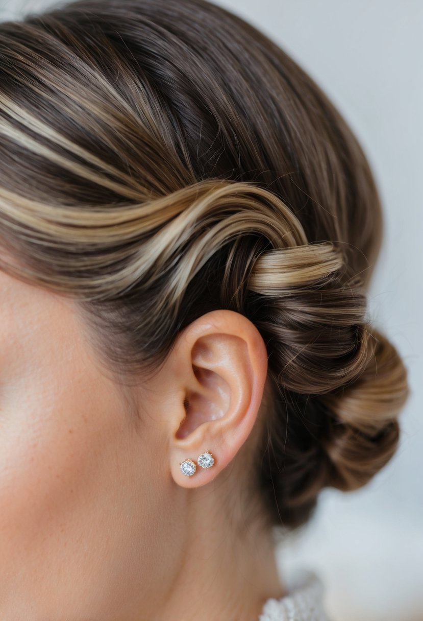 A close-up of delicate solitaire stud earrings nestled in a low bun hairstyle, with soft curls framing the face