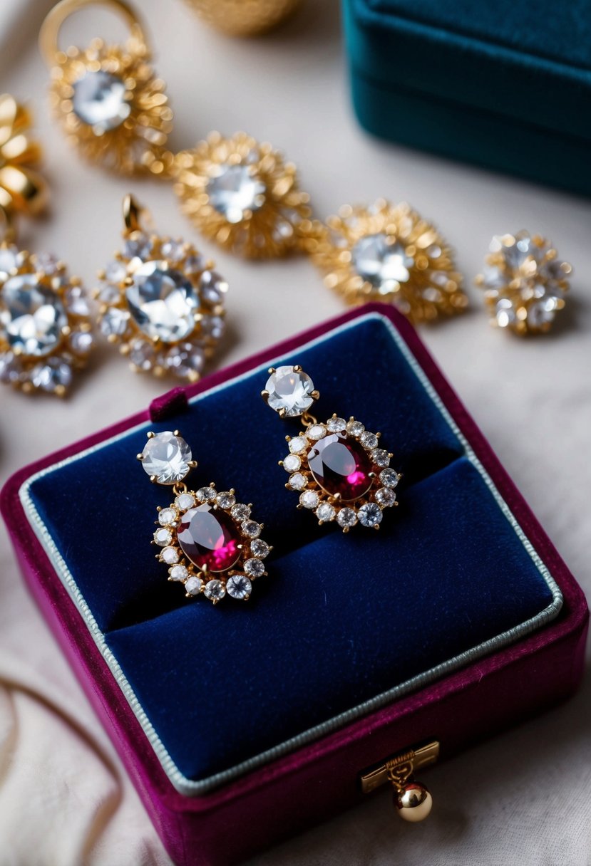 Opulent gold and gemstone statement earrings on a velvet jewelry box