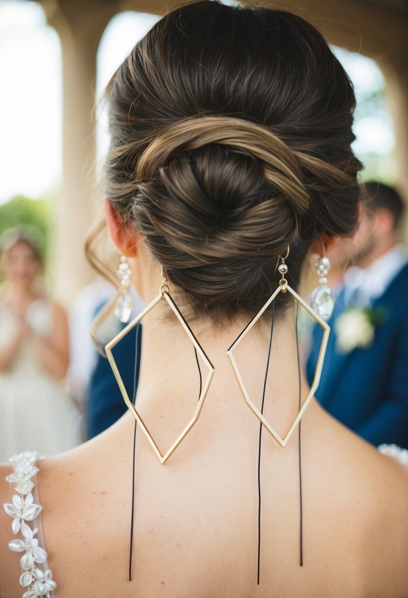 A pair of modern geometric hoops dangle from a low bun, catching the light at a wedding