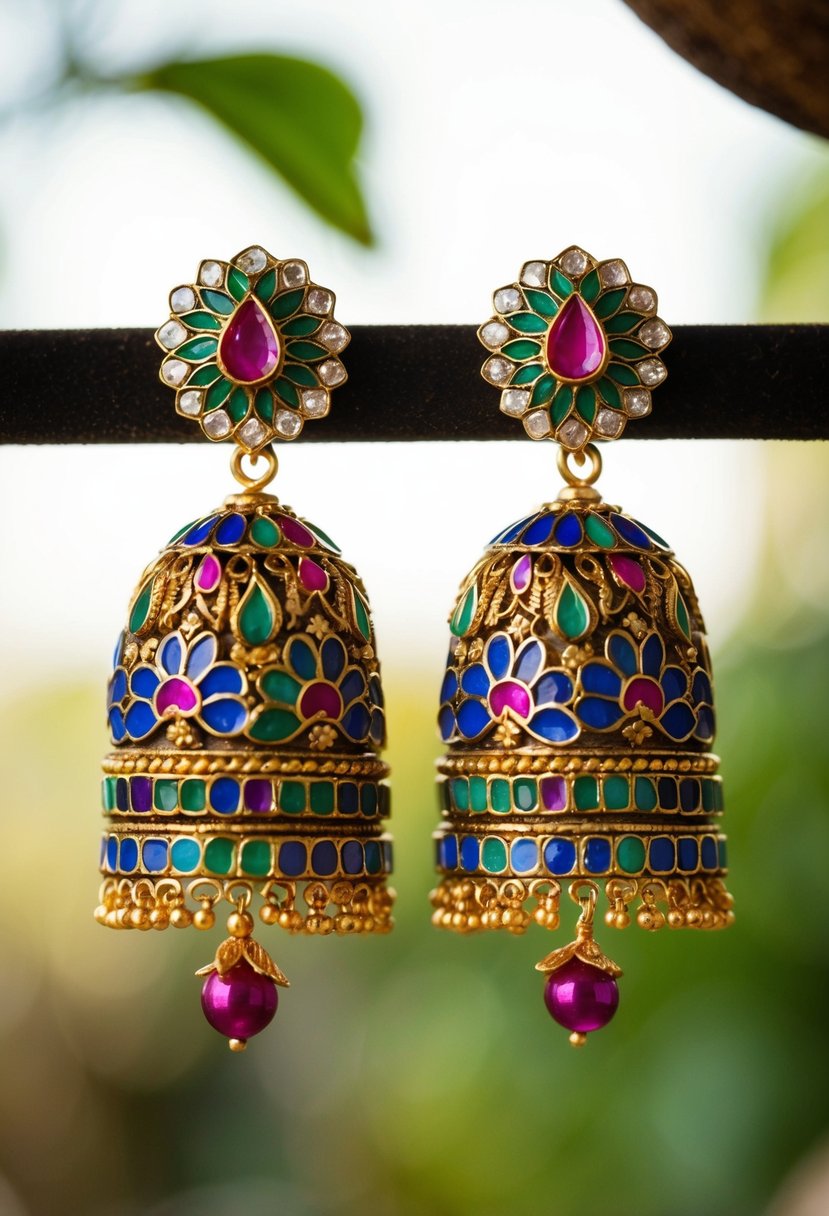 A pair of intricate Meenakari earrings with colorful enamel and delicate gold detailing, inspired by traditional Indian bridal jewelry