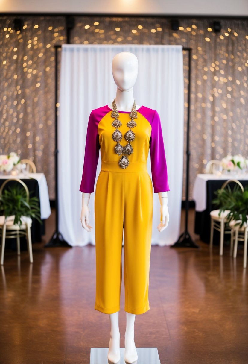 A mannequin wearing a 3/4 sleeve jumpsuit in a vibrant color, accessorized with statement jewelry and heels, standing in front of a wedding venue backdrop