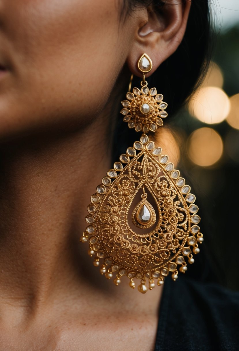 A close-up of intricate gold filigree earrings with traditional Indian design