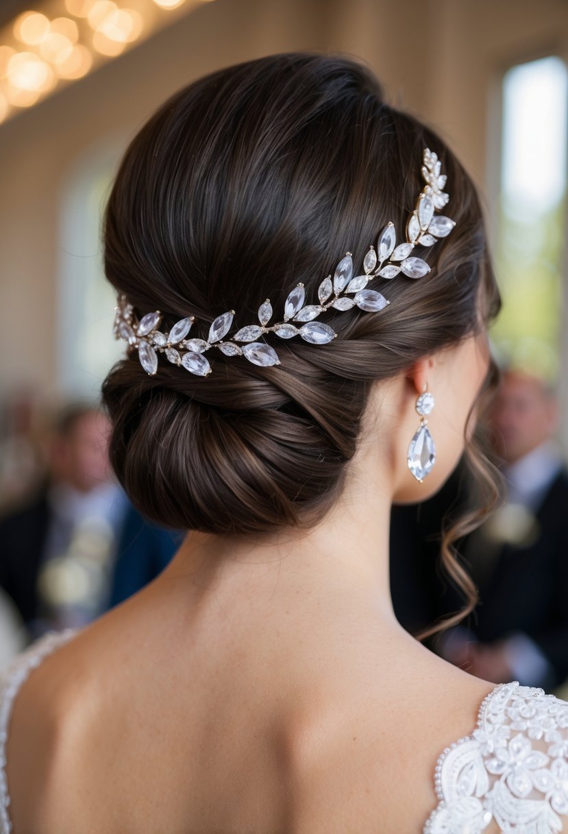 A close-up of a low bun hairstyle adorned with graceful crystal pendants as wedding earrings