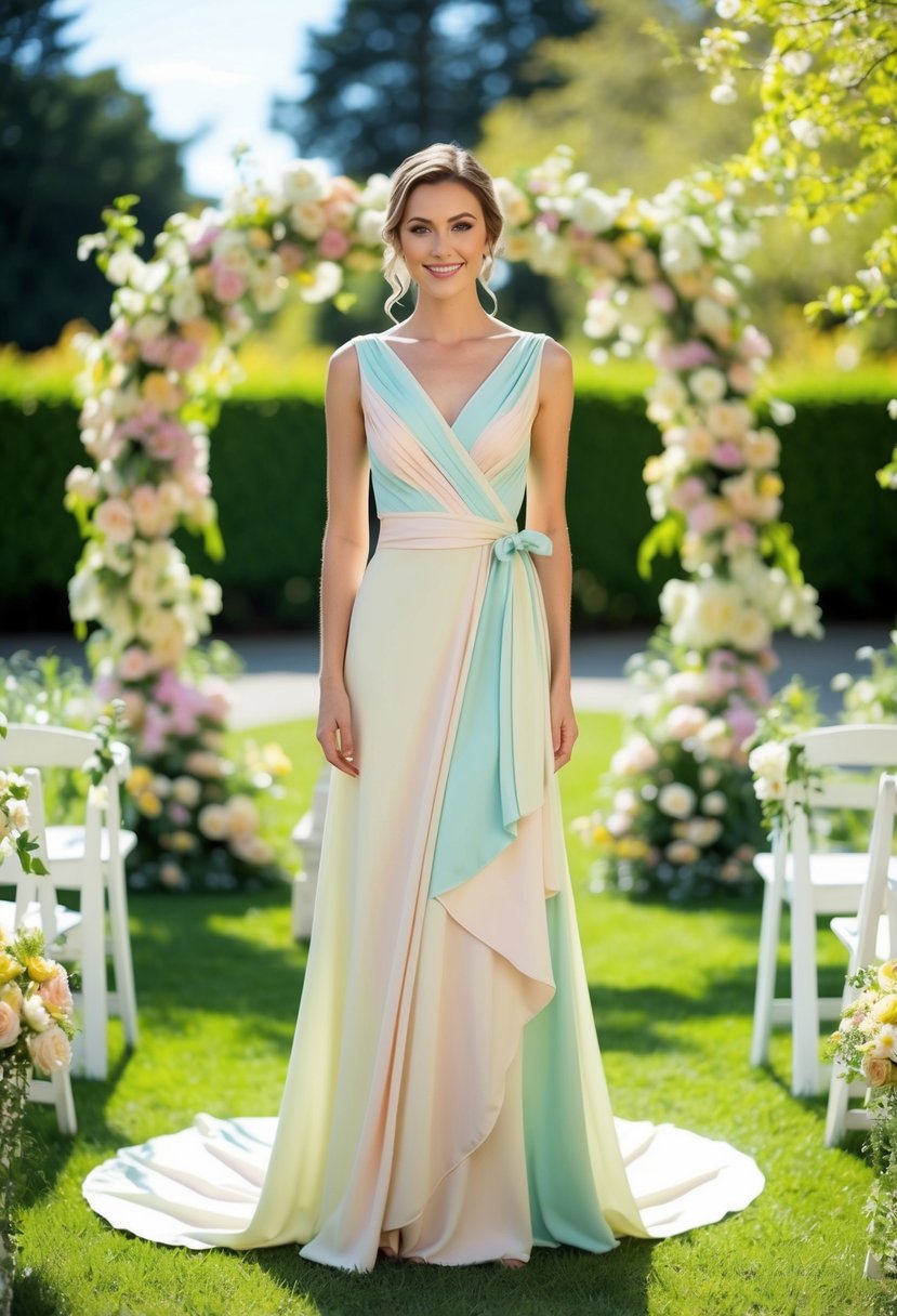 A sunny garden wedding with a charming wrap dress in soft pastel colors, surrounded by blooming flowers and elegant decor