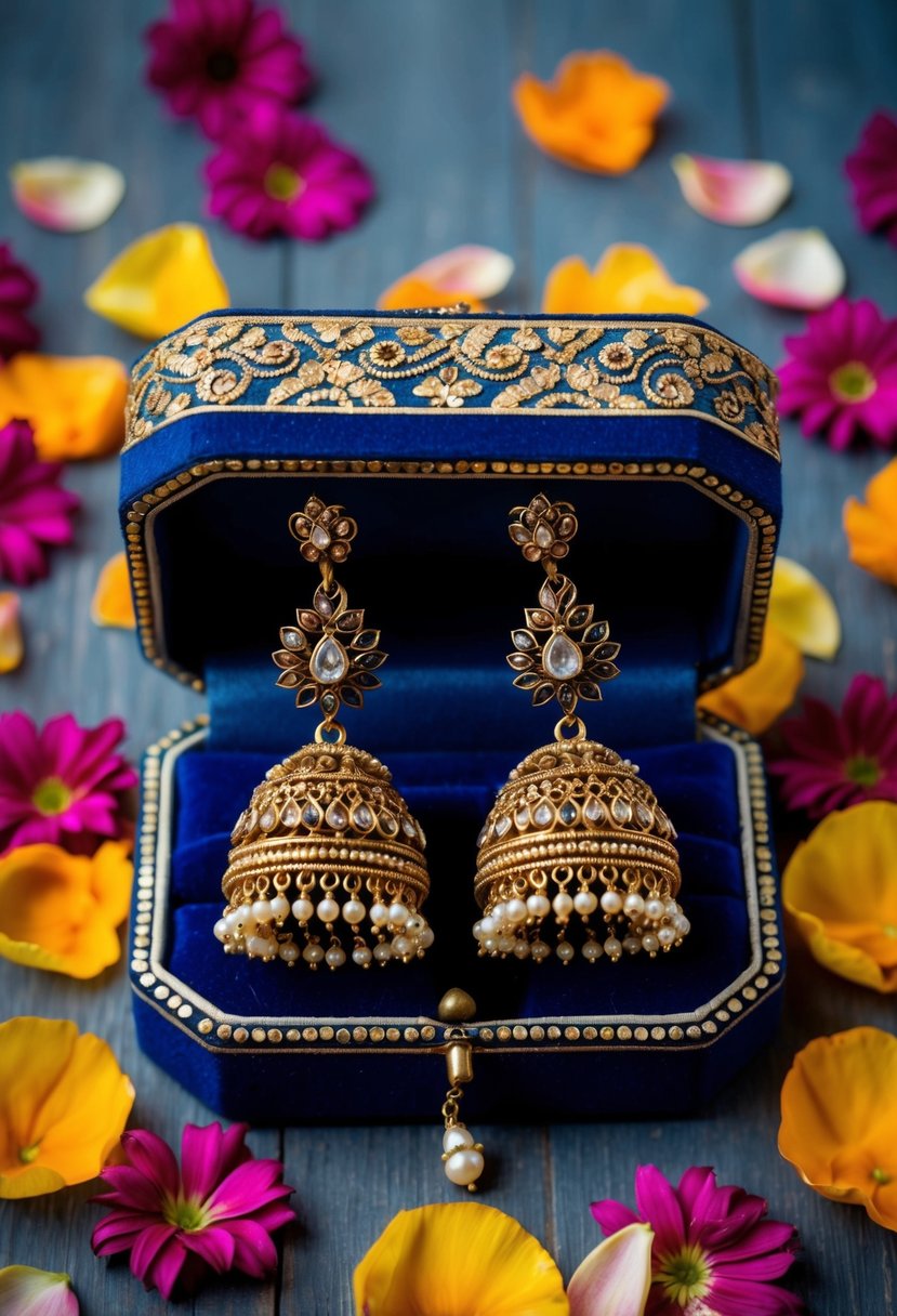 A pair of ornate antique Indian jhumkas dangle from a velvet jewelry box, surrounded by intricate henna designs and vibrant flower petals