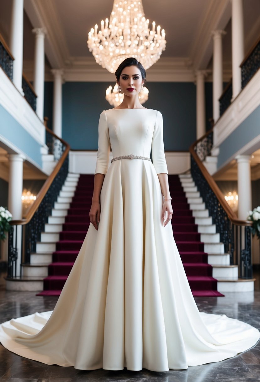 A woman in an elegant 3/4 sleeve gown, standing in a grand ballroom with chandeliers and a sweeping staircase