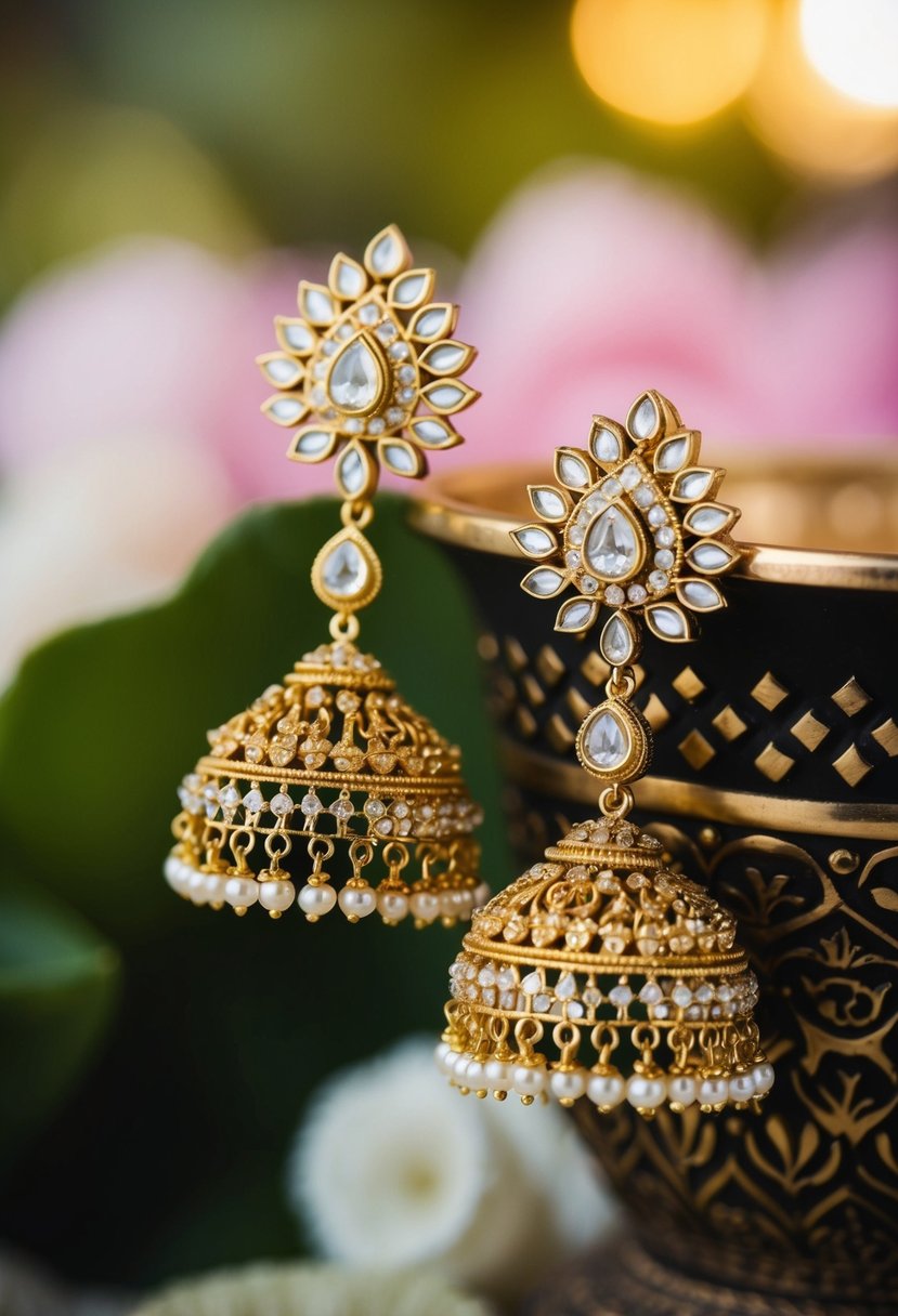 A pair of intricate temple jewelry earrings, adorned with pearls and gemstones, dangle elegantly from a golden base, capturing the essence of traditional Indian bridal elegance