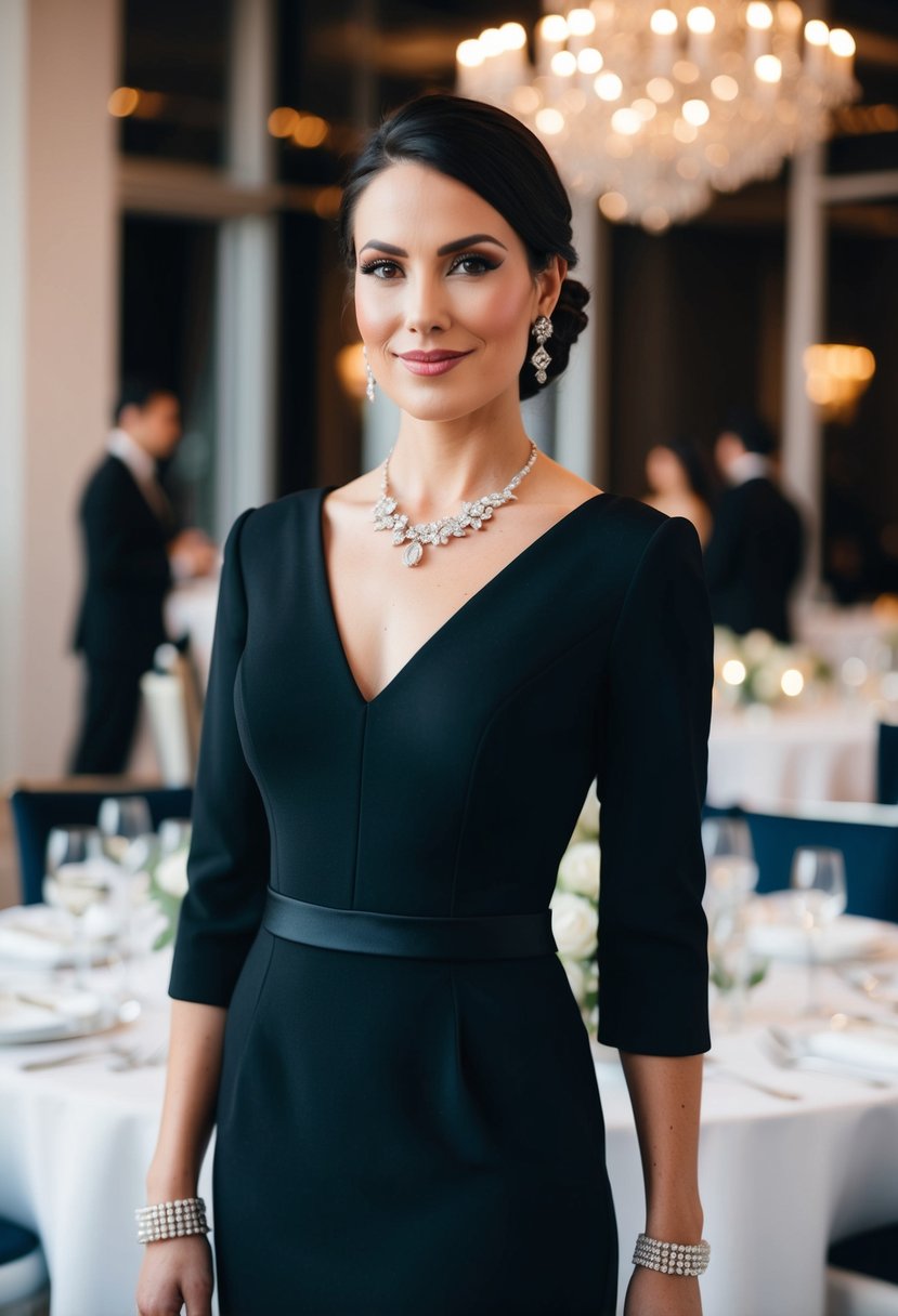 A chic black tie dress with 3/4 sleeves, accessorized with elegant jewelry, set against a backdrop of a sophisticated wedding reception