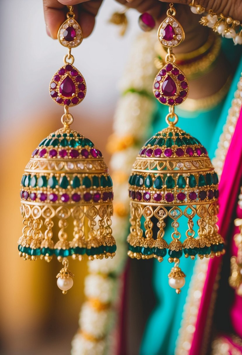 A pair of dangling earrings adorned with sparkling rubies, reflecting the vibrant colors of an Indian bride's wedding attire