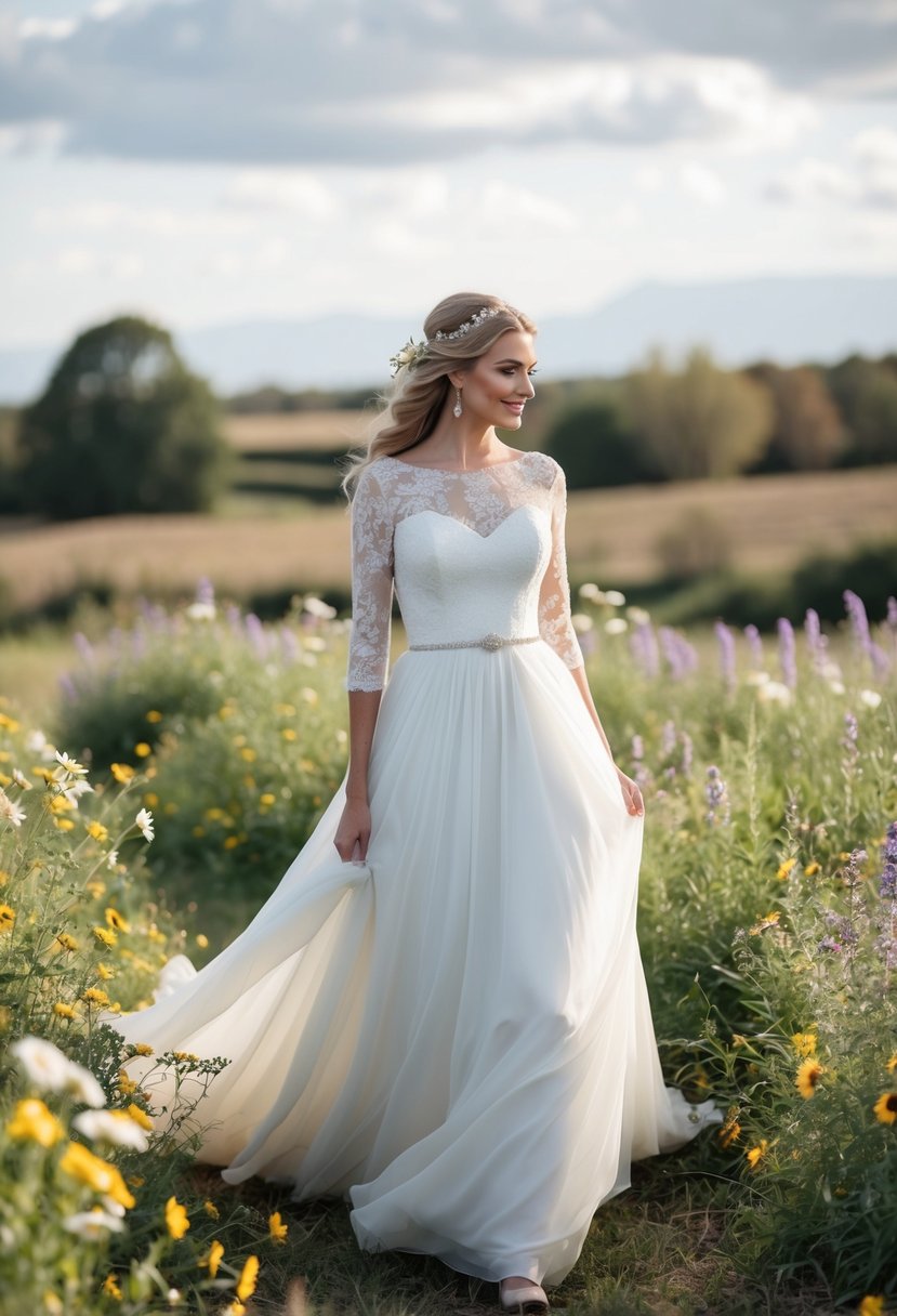 A bride in a flowing countryside wedding gown with 3/4 sleeves, surrounded by blooming wildflowers and a rustic countryside backdrop