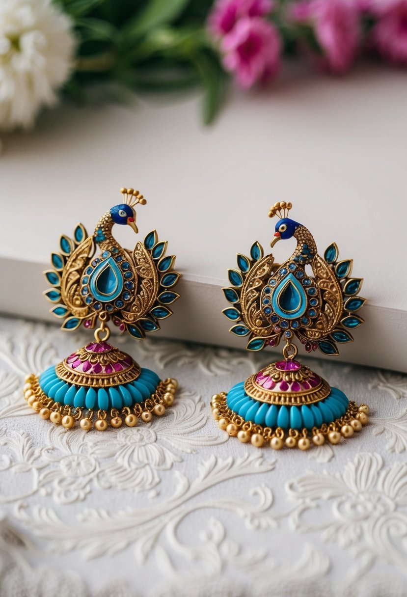 A pair of intricately designed peacock earrings with vibrant colors and delicate details, inspired by Indian bridal fashion