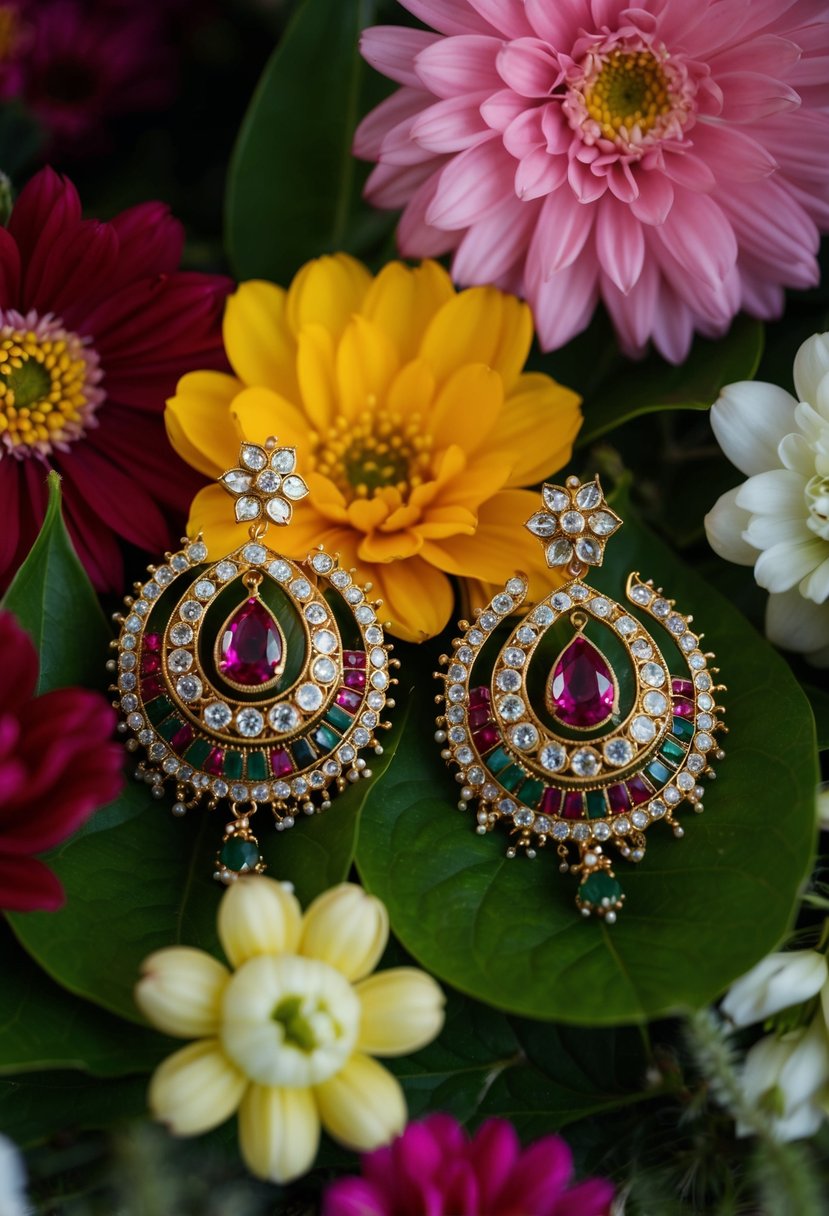 A pair of intricate Kundan stud earrings surrounded by colorful floral designs, evoking traditional Indian bridal elegance