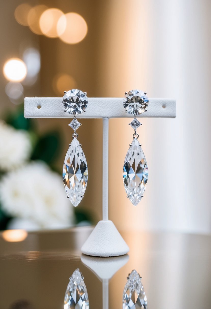 A sparkling pair of crystal wedding earrings, hanging from a delicate display stand, catching the light in a luxurious setting