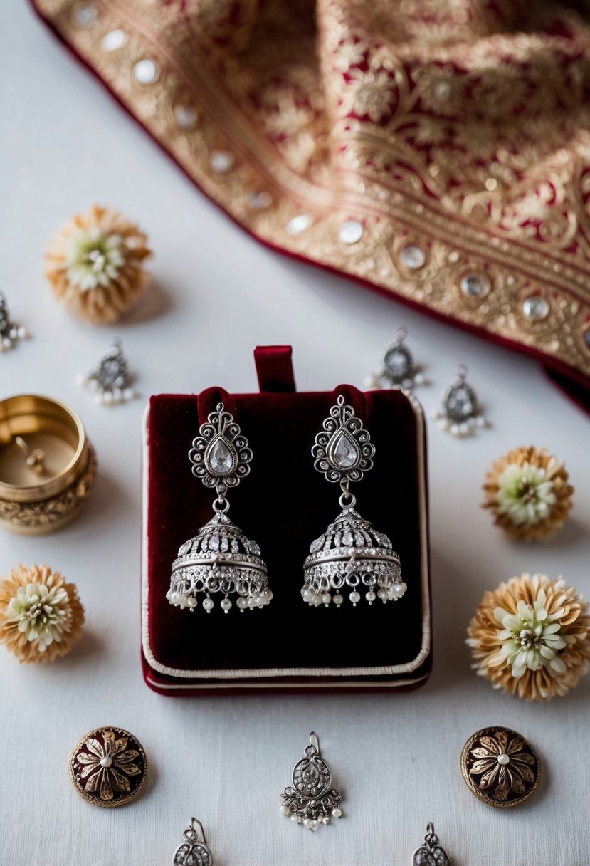 A pair of intricate silver-plated bridal earrings displayed on a velvet cushion, surrounded by delicate floral motifs and traditional Indian wedding symbols