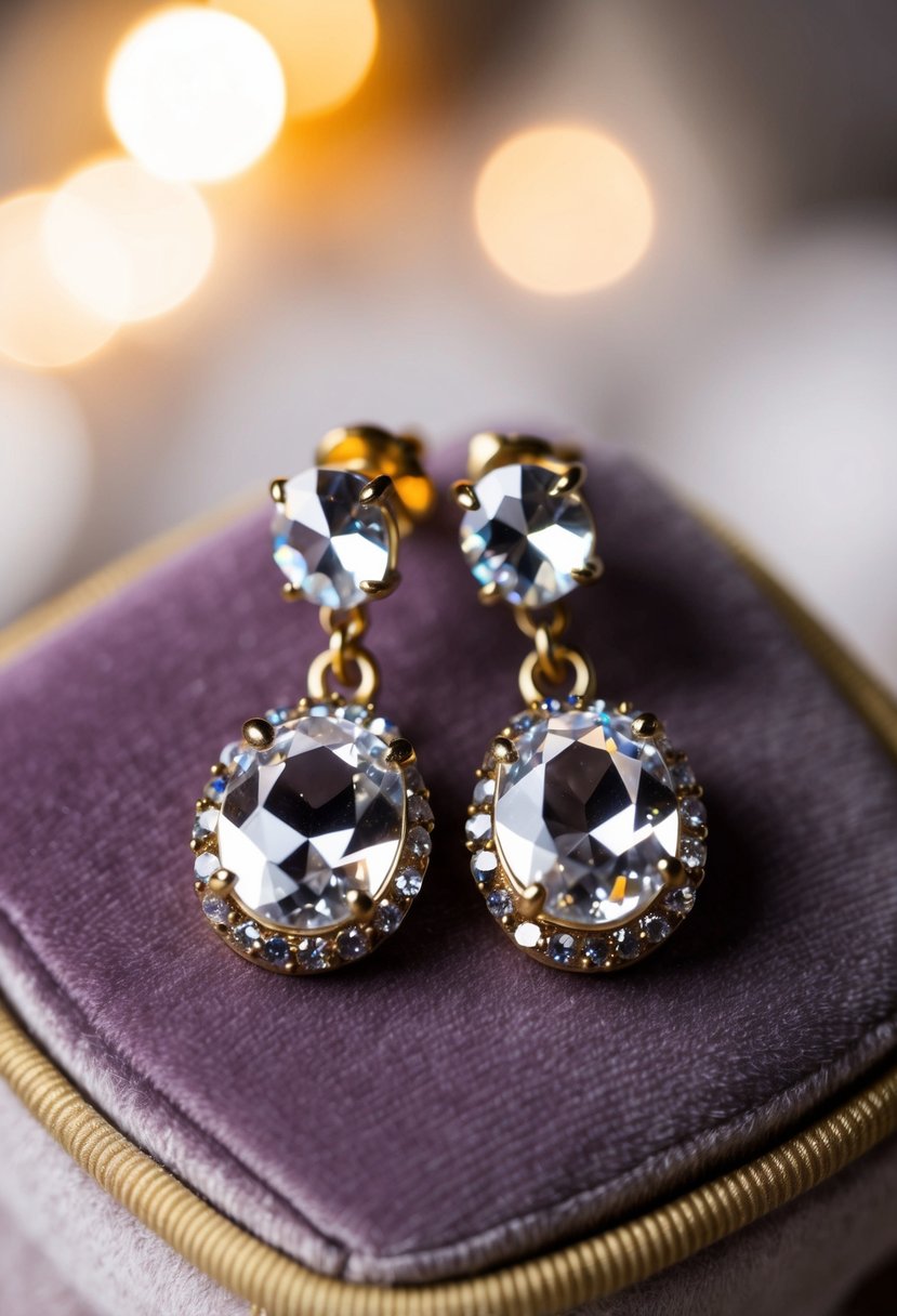 A close-up of vintage Swarovski crystal drop earrings on a velvet cushion, with soft lighting to highlight the sparkle and elegance