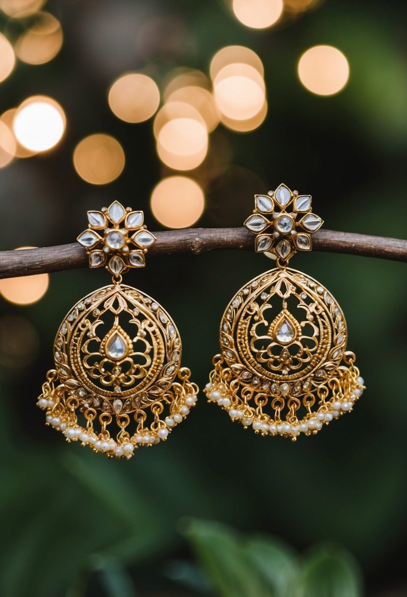 A pair of ornate, gold clip-on bridal earrings with intricate Indian design