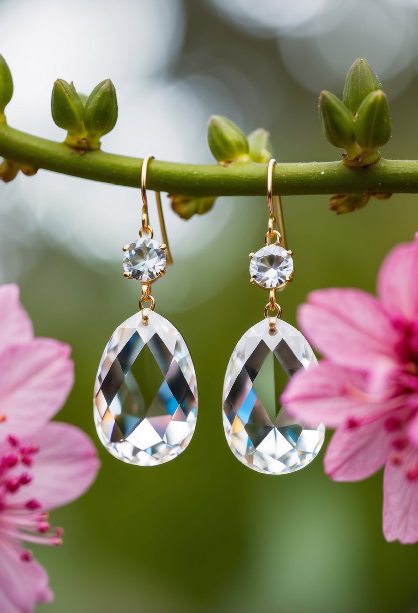 A pair of delicate crystal earrings hanging from a blooming floral branch