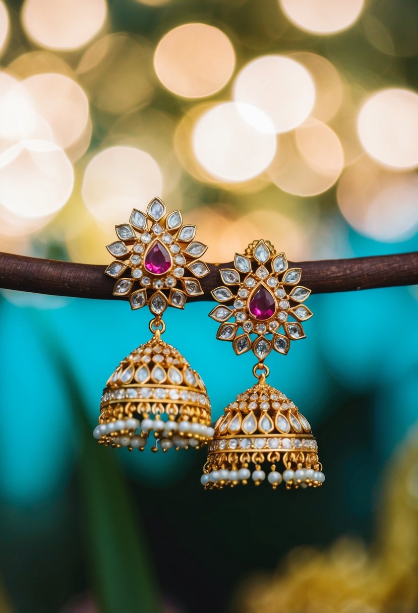 A radiant pair of Jadau earrings gleaming with intricate gold and gemstone details, fit for an Indian bride on her wedding day