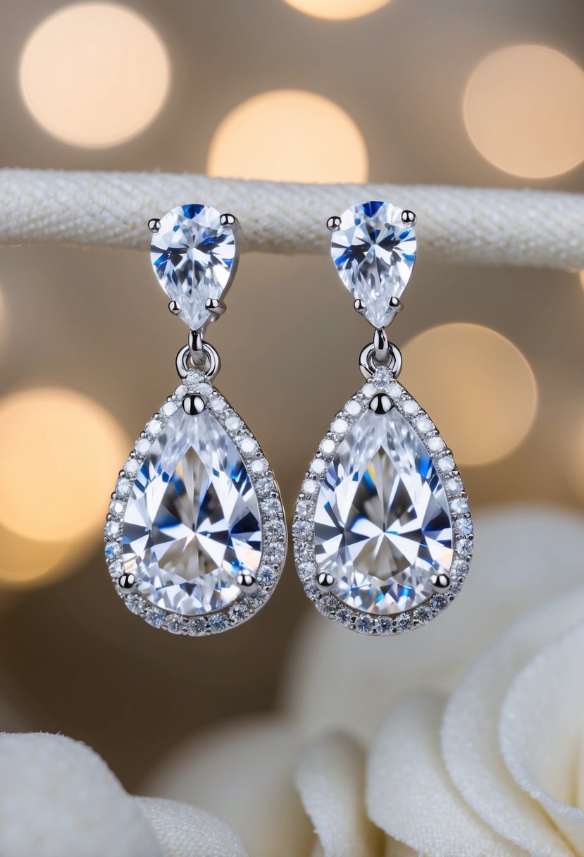 A pair of elegant teardrop cubic zirconia earrings sparkling under soft lighting, with intricate details and a delicate, refined design