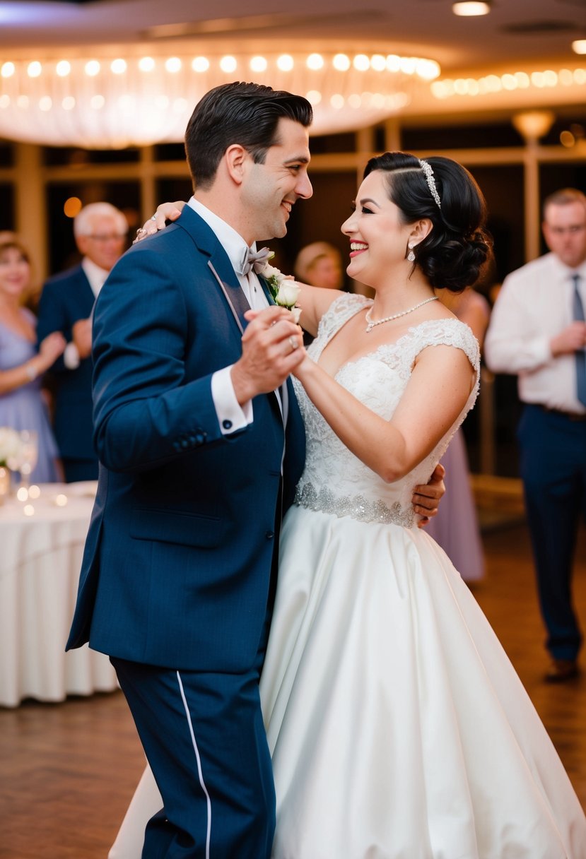 A bride in a 50s style wedding dress dancing with her groom at a retro-themed reception