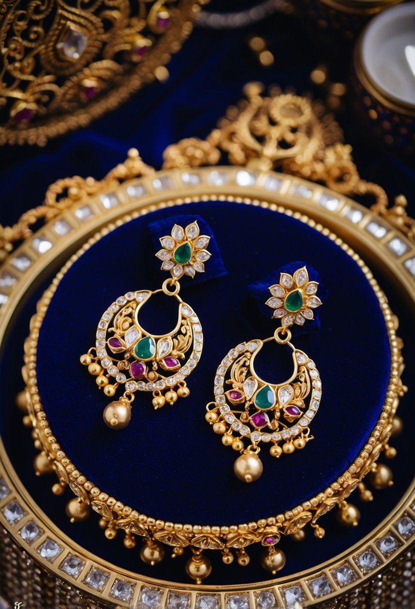 A beautiful pair of Navratna earrings displayed on a velvet cushion, surrounded by intricate gold and gemstone details