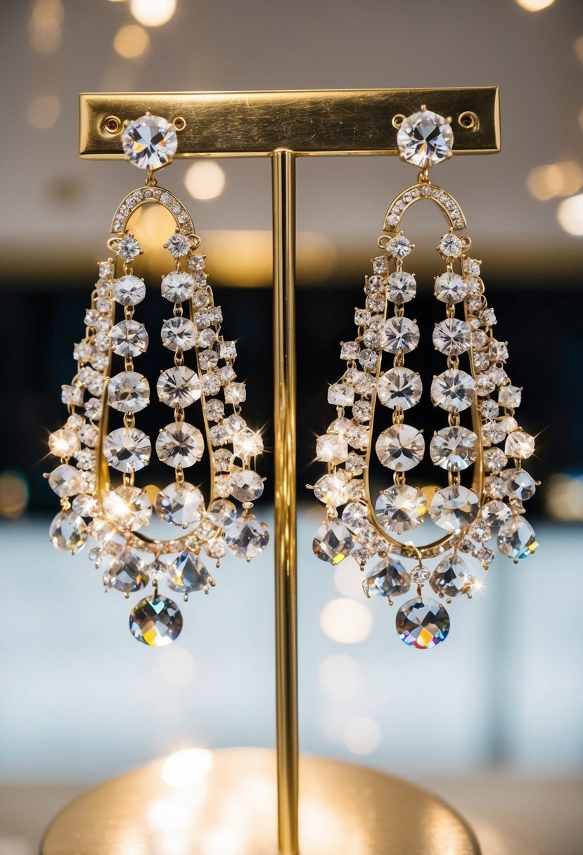 A pair of sparkling crystal chandelier earrings hang from a display stand, catching the light and casting shimmering reflections around the room