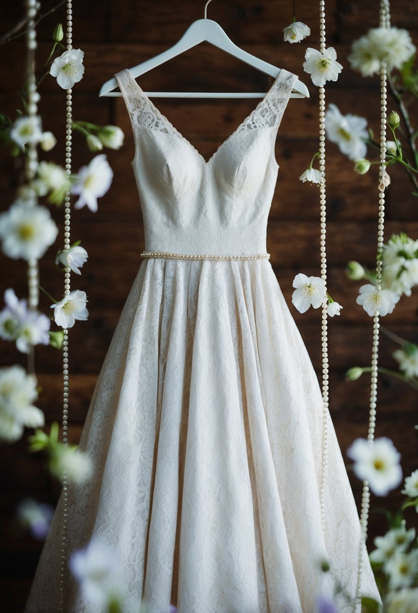 A vintage lace gown hangs on a dress form surrounded by delicate flowers and pearls