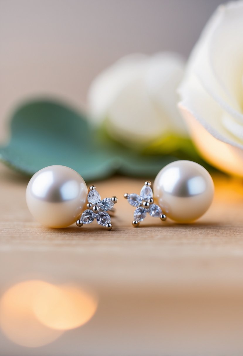 A pair of elegant pearl and crystal bridal studs gleaming under soft, romantic lighting