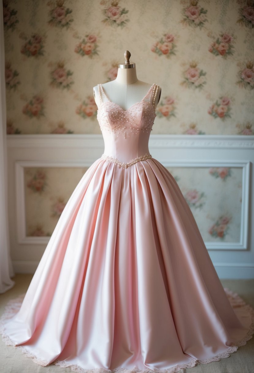 A blush pink ballgown with a full skirt and fitted bodice, adorned with delicate lace and pearl details, set against a backdrop of vintage floral wallpaper and soft lighting