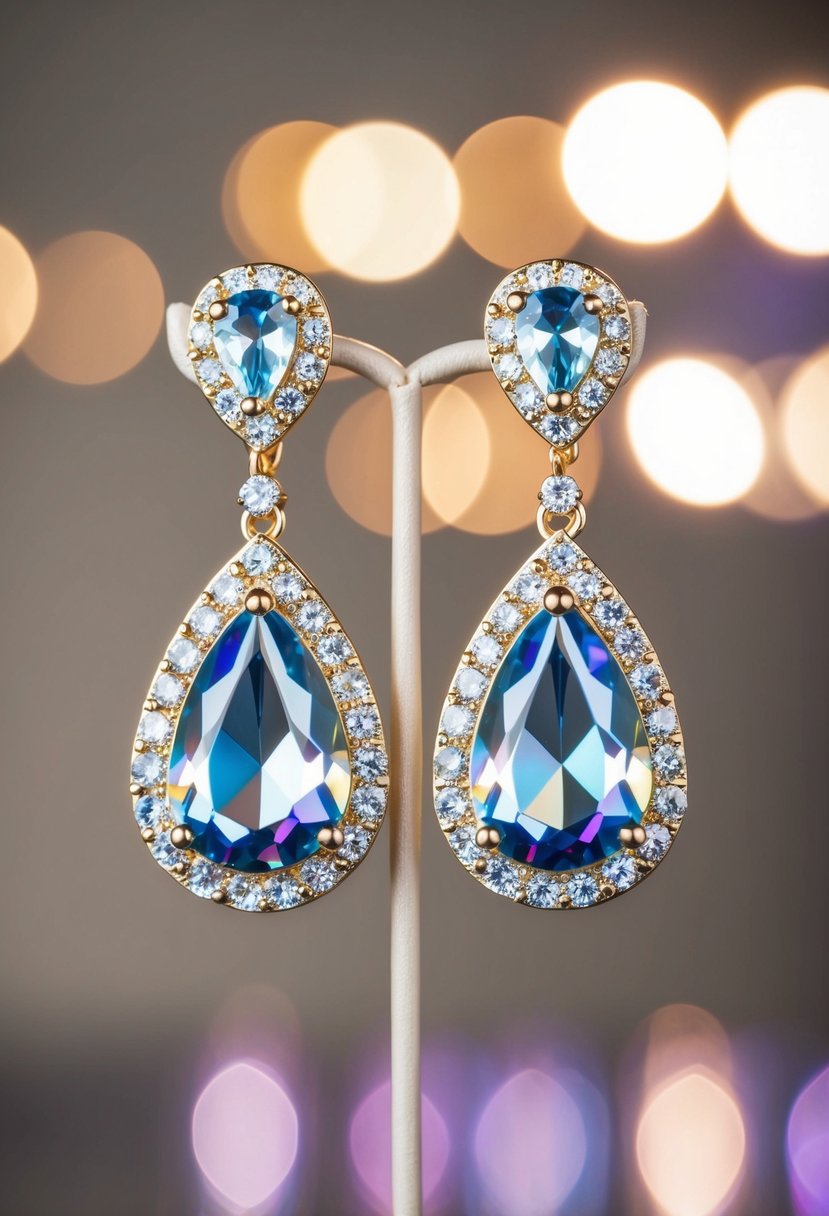 A pair of teardrop earrings, encrusted with sparkling crystals, dangle from a delicate stand, catching the light and casting prismatic reflections