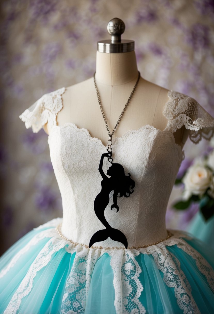 A mermaid silhouette charm hangs from a vintage wedding dress on a mannequin, surrounded by 50s style lace and tulle