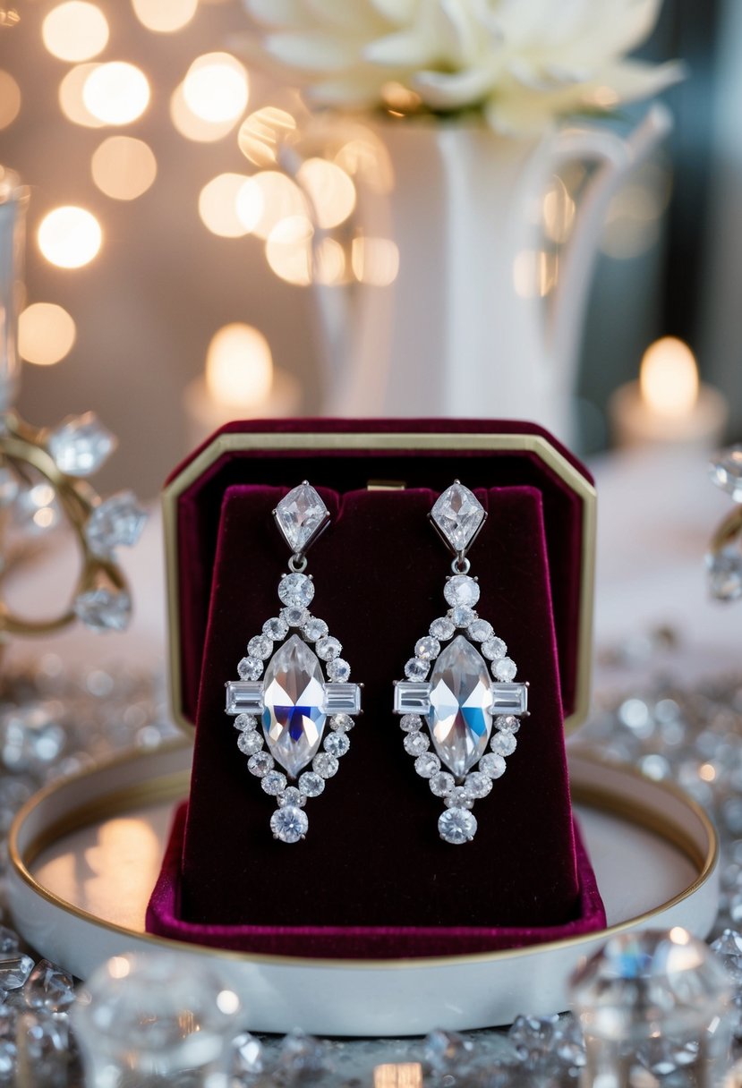 A pair of Art Deco crystal clip-on earrings displayed on a velvet cushion, surrounded by soft lighting and elegant decor