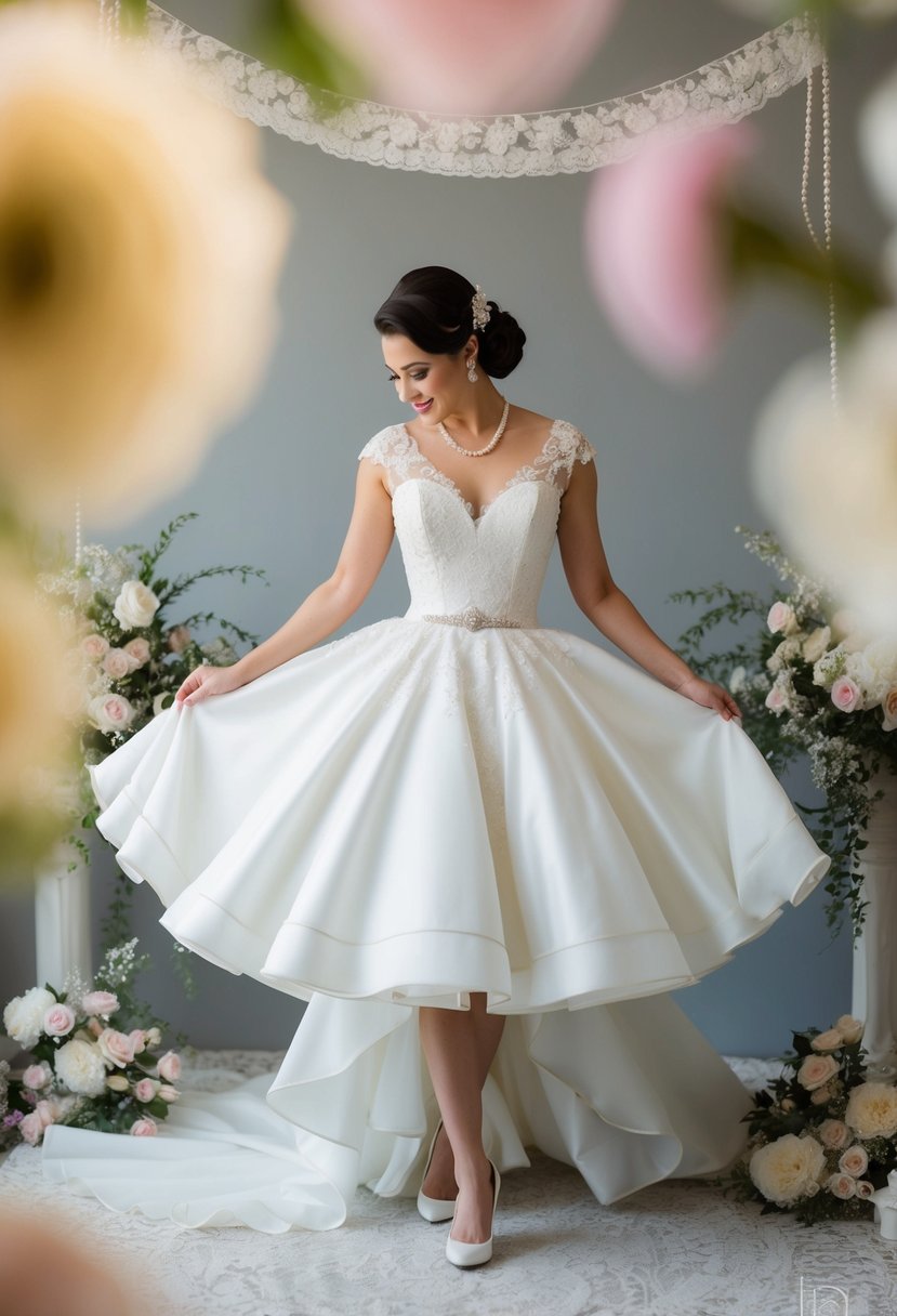 A bride twirls in a 1950s drop-waist wedding dress, surrounded by vintage lace, pearls, and delicate floral details