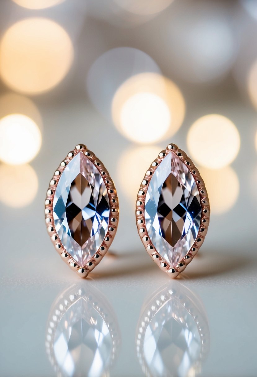 A close-up of rose gold marquise crystal earrings against a soft, blurred background, with gentle light reflecting off the sparkling crystals