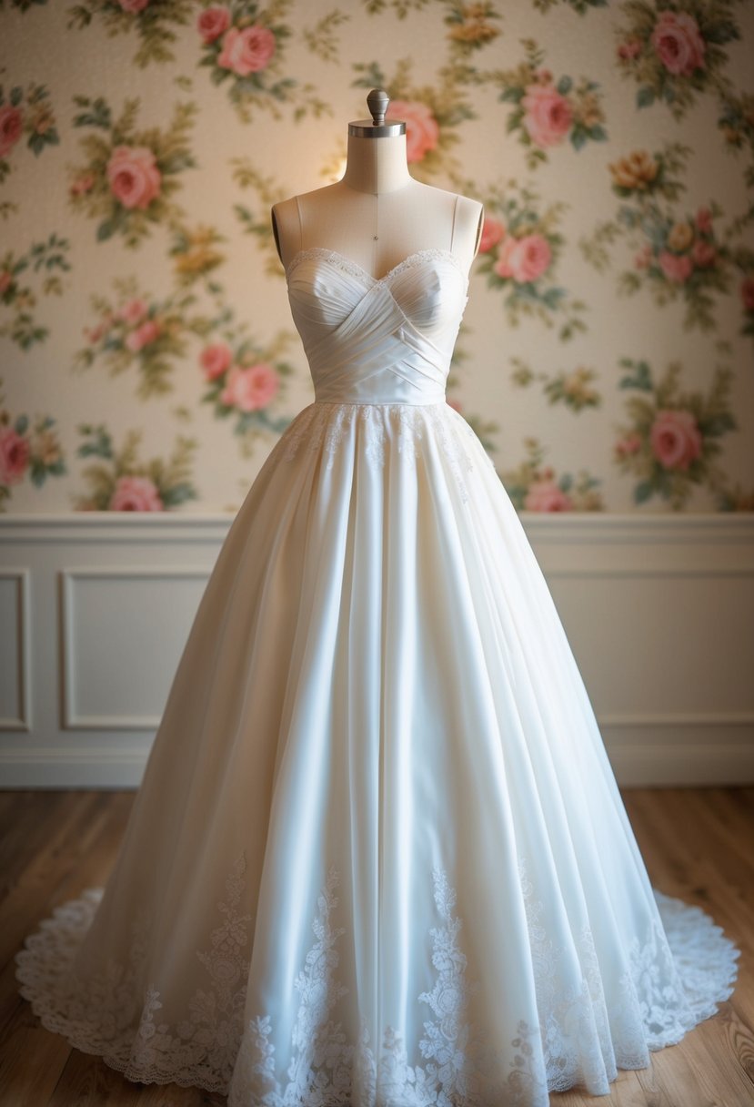 A 1950s-style wedding dress with a sweetheart neckline, full skirt, and delicate lace detailing, set against a backdrop of vintage floral wallpaper and soft, romantic lighting