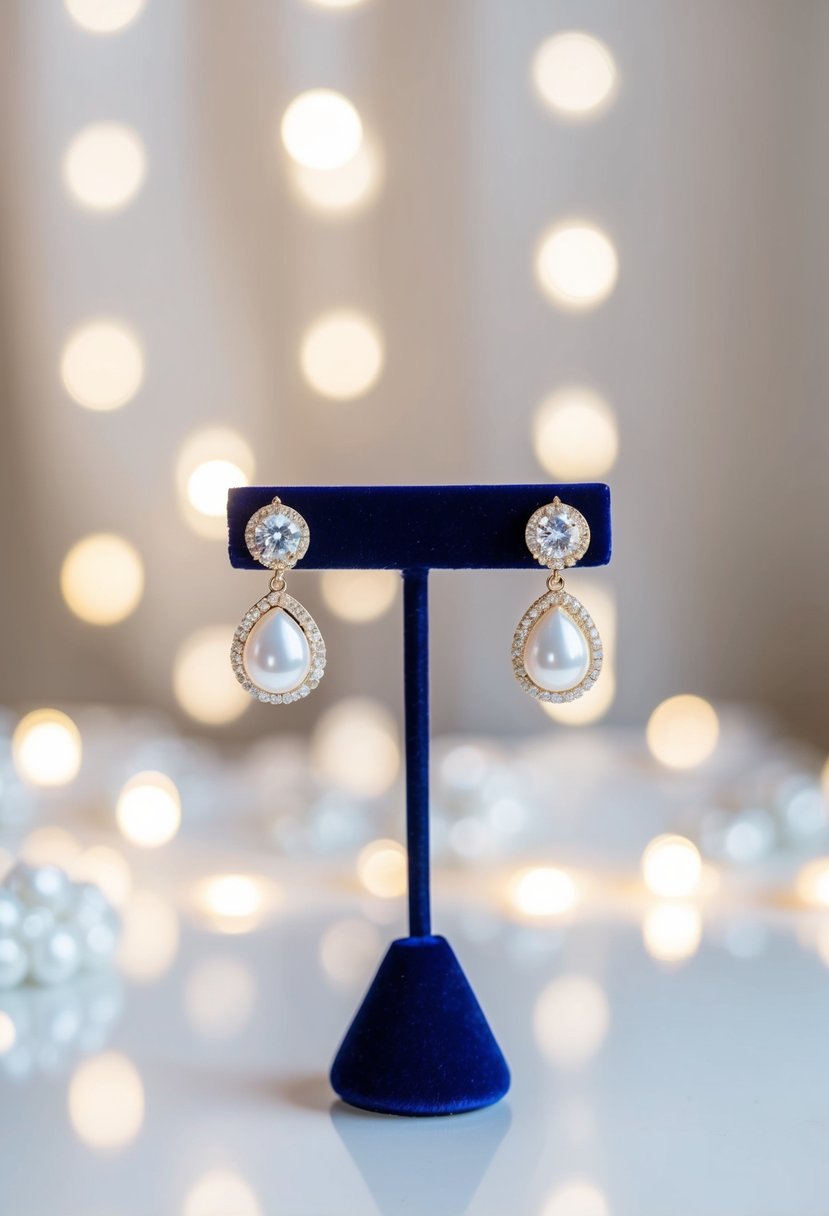 A pair of Swarovski crystal halo pearl earrings displayed on a velvet jewelry stand, surrounded by soft, diffused light