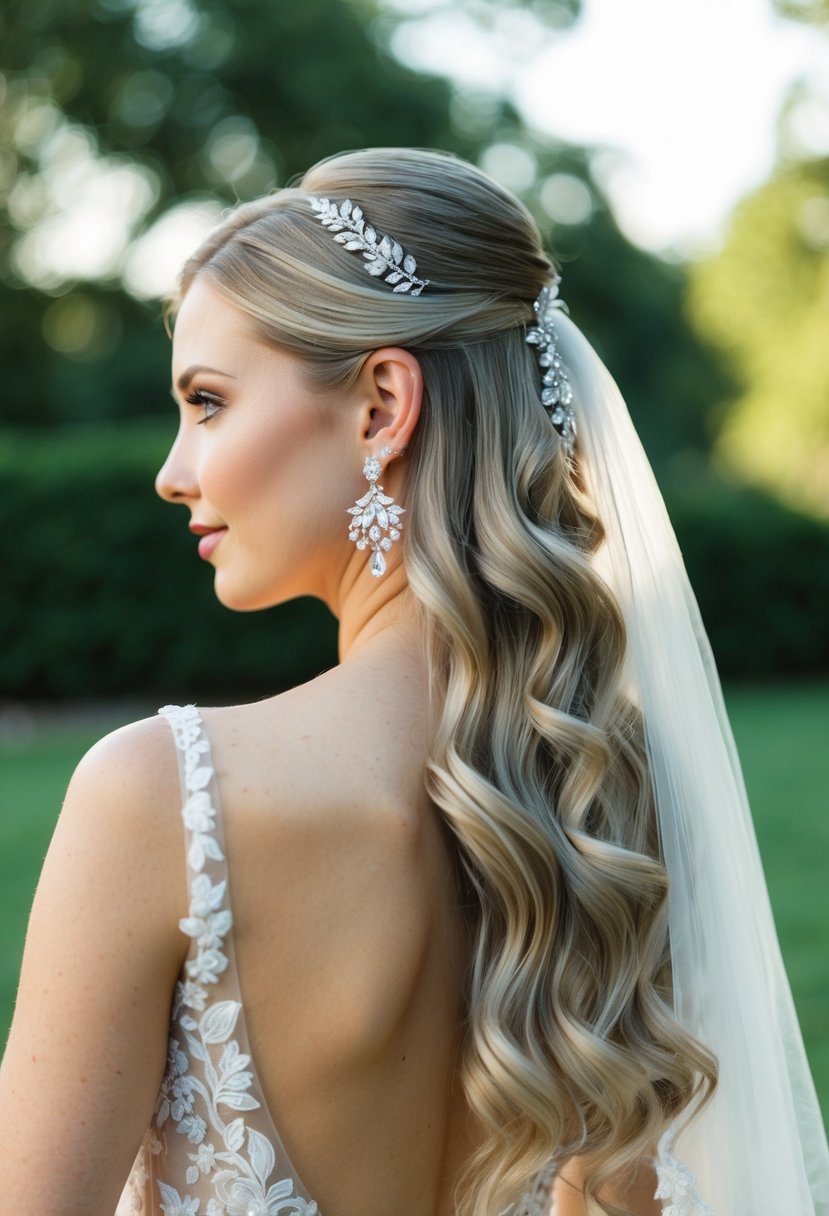 A bride's long hair cascading down, adorned with elegant wedding earrings, glimmering in the soft light