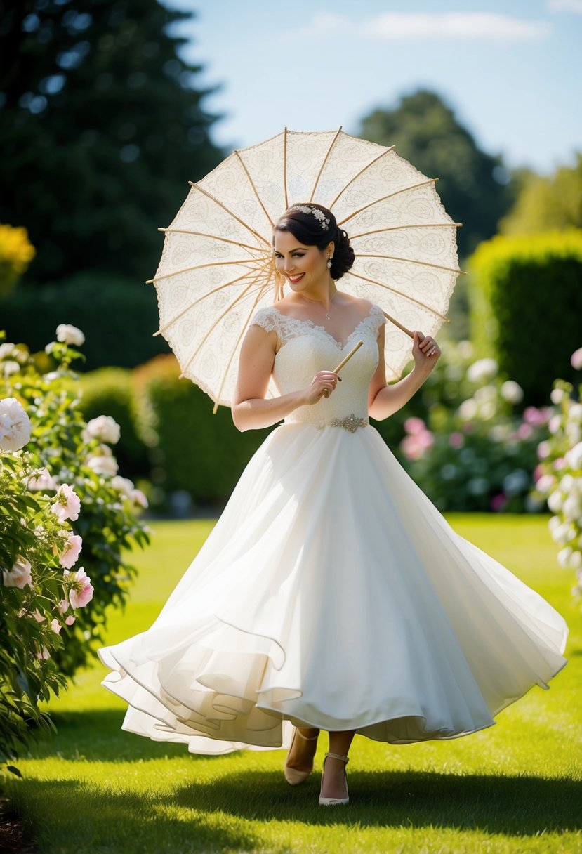 A bride in a 50s-style wedding dress twirls in a sunlit garden, surrounded by blooming flowers and a vintage lace parasol