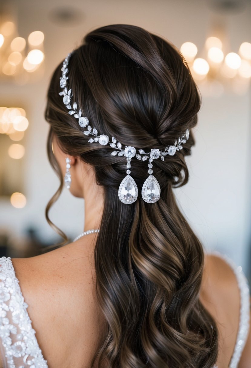 Diamond studs dangle from long hair, framing a bridal updo