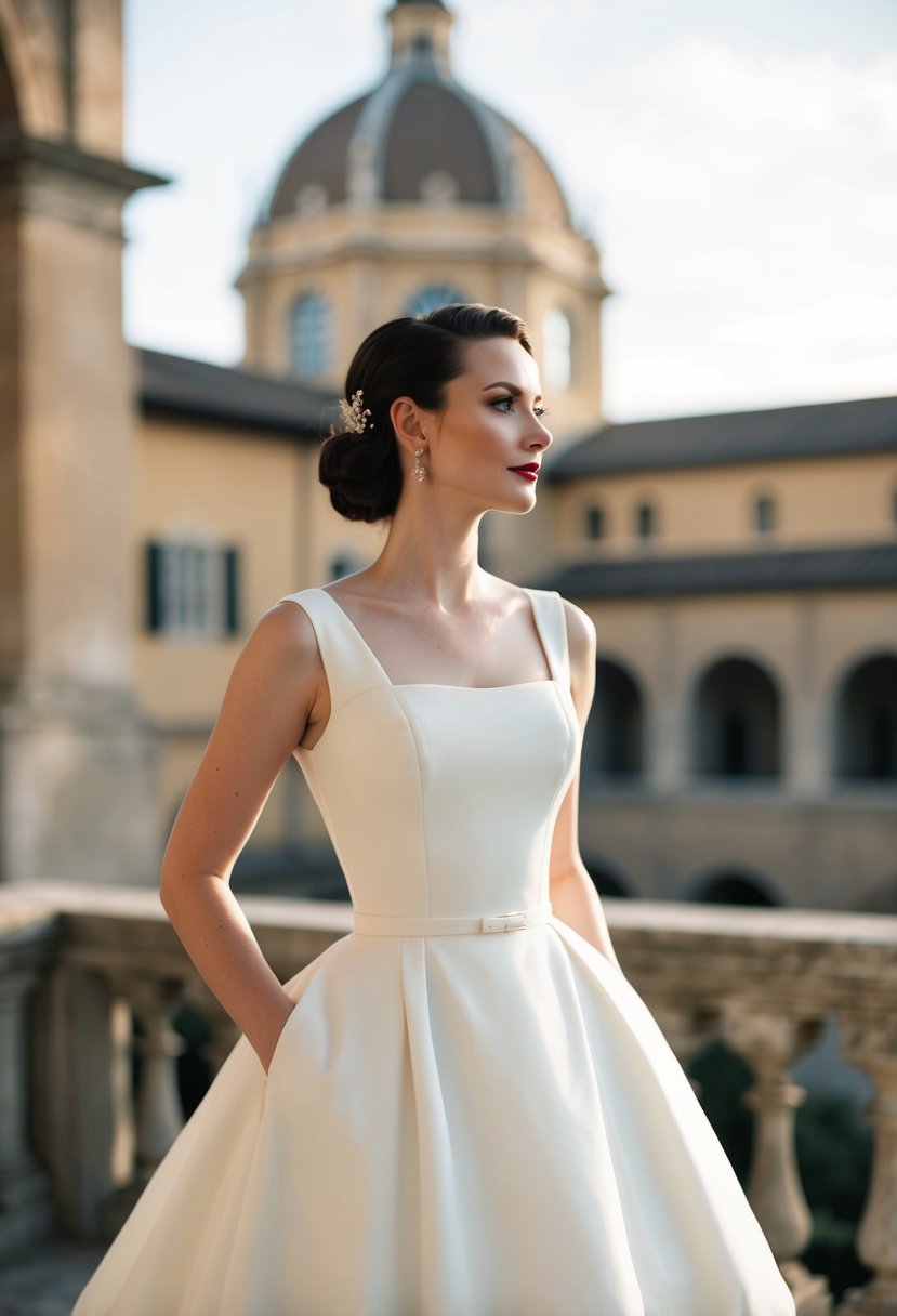 A bride in a simple yet elegant 1950s-inspired wedding dress, with clean lines and minimalistic details, set against a backdrop of Renaissance architecture