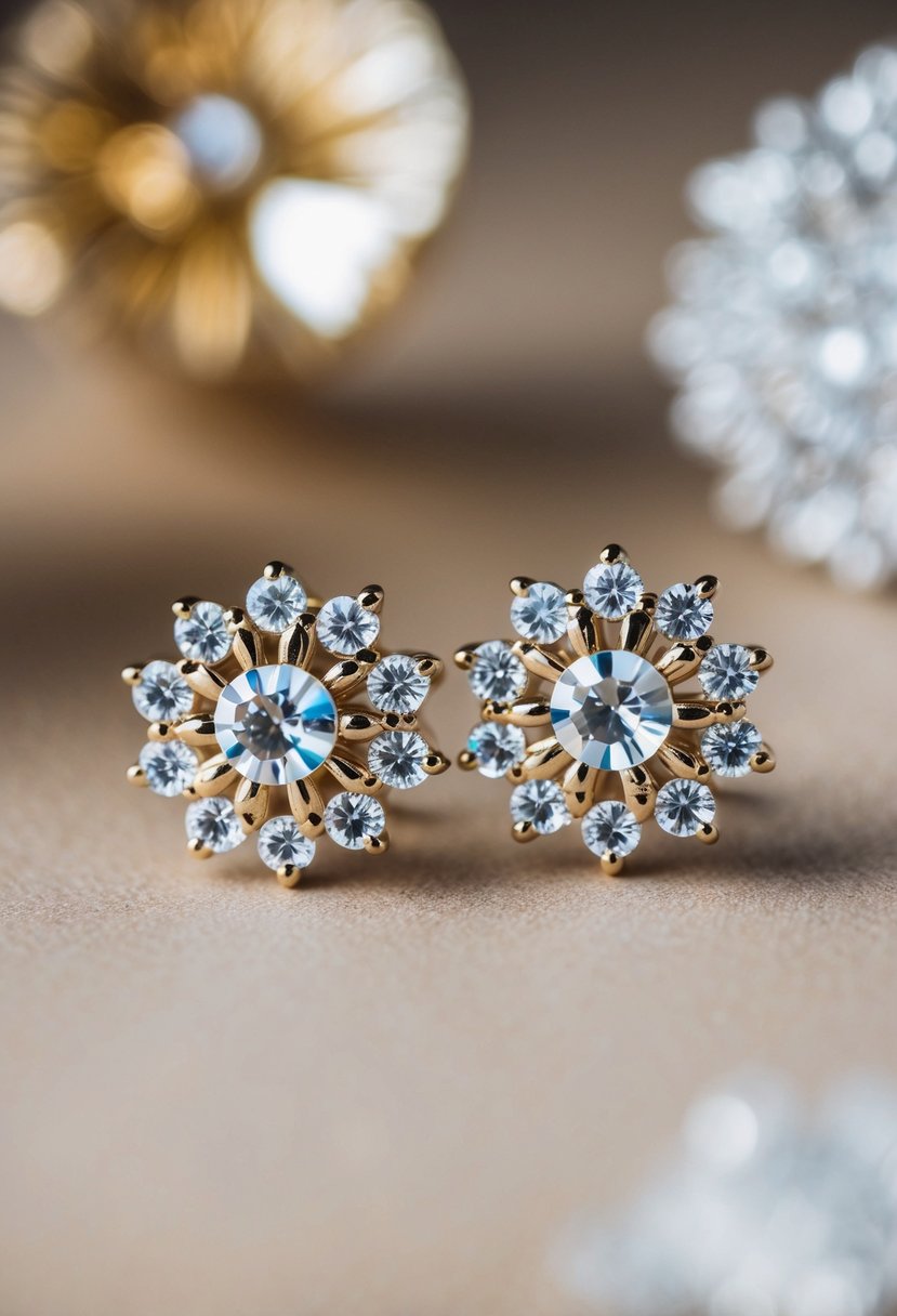 A close-up of intricate crystal floral studs, sparkling and catching the light, with delicate details and elegant design