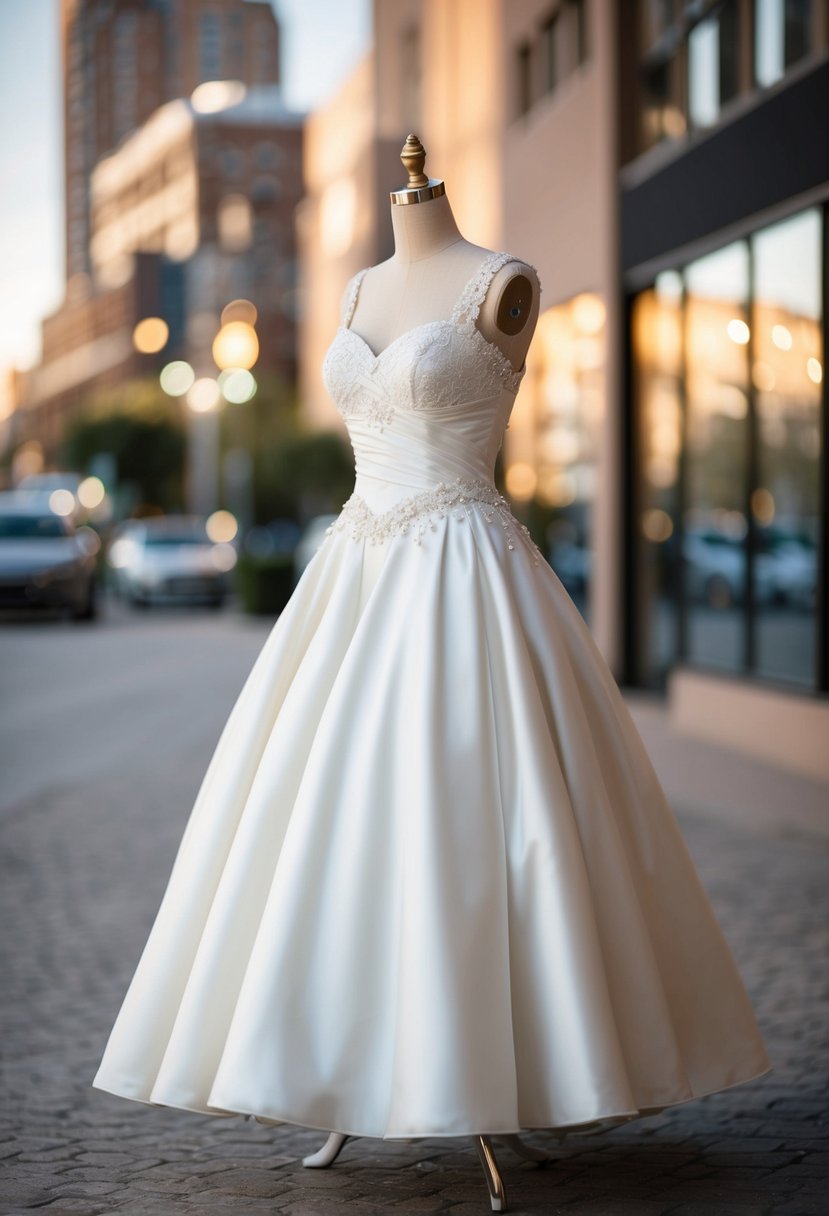 A modern twist on a 50s style wedding dress, featuring a white, tea-length gown with a full skirt and a fitted bodice, adorned with delicate lace and pearl embellishments