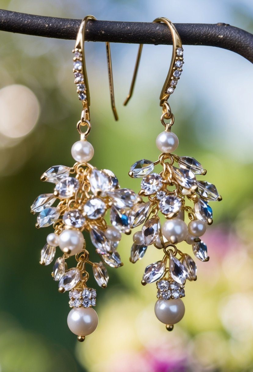 A sparkling cluster of dainty crystals and pearls, delicately hanging from a pair of elegant earrings