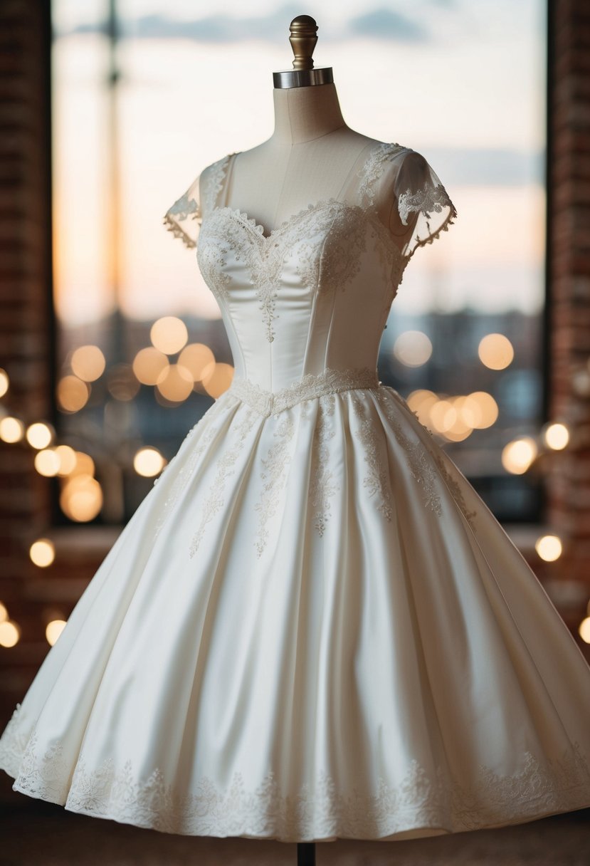 A vintage 50s style wedding dress with a fitted bodice and a flared skirt, embellished with lace and delicate details