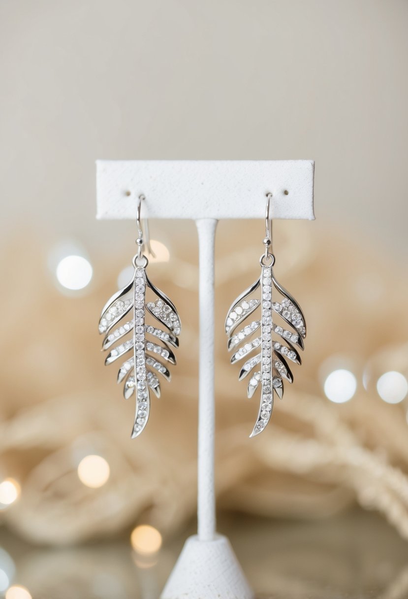 A pair of delicate silver leaf-shaped earrings adorned with sparkling crystals, dangling from a display stand against a soft, neutral background