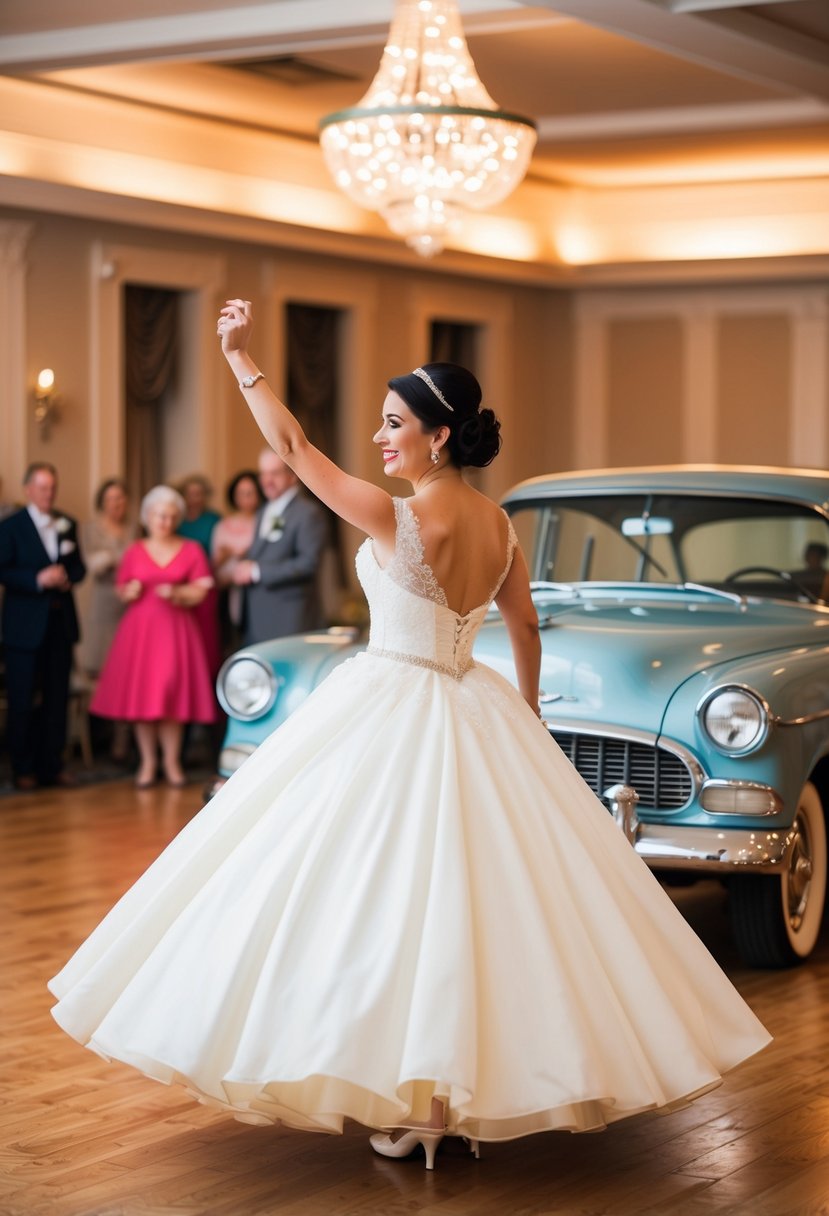 A bride in a 50s style wedding dress dances in a vintage ballroom with a classic car in the background