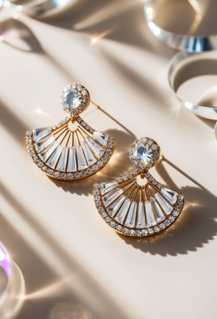 A pair of fan-shaped crystal earrings, sparkling under soft lighting, with intricate details and a glamorous aura