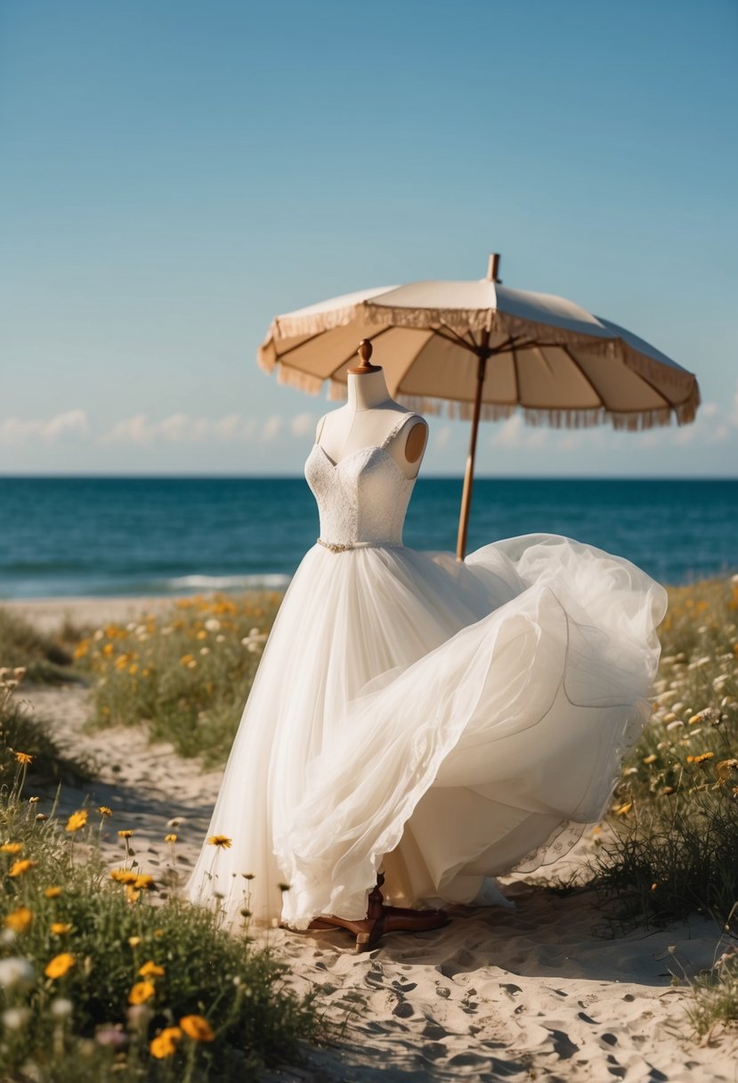 A 1950s-style wedding dress flowing in the wind on a bohemian beach, surrounded by wildflowers and a vintage beach umbrella